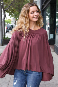 Casual Chic V Neck Yoke Modal Knit Oversized Top in Wine