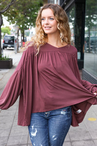 Casual Chic V Neck Yoke Modal Knit Oversized Top in Wine