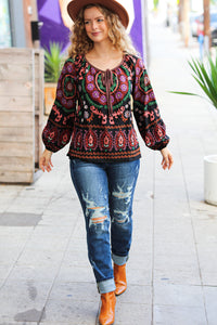 Take The Leap Border Print Boho Tie Top