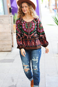 Take The Leap Border Print Boho Tie Top