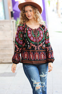 Take The Leap Border Print Boho Tie Top