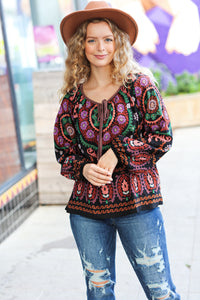 Take The Leap Border Print Boho Tie Top