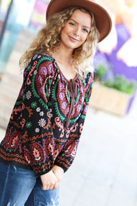 Take The Leap Border Print Boho Tie Top