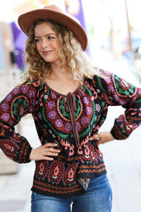 Take The Leap Border Print Boho Tie Top