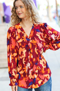 Face The Day Floral Abstract Print V Neck Smocked Top