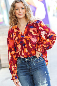 Face The Day Floral Abstract Print V Neck Smocked Top