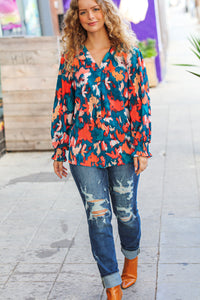 All I Ask Floral Abstract Print V Neck Smocked Top