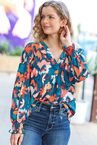 All I Ask Floral Abstract Print V Neck Smocked Top
