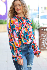 Weekend Vibes Abstract Print Frill Neck Top