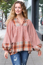 Load image into Gallery viewer, Under Your Spell Rust Plaid Color Block Notch Neck Top
