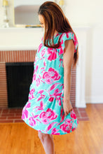 Load image into Gallery viewer, Diva Dreaming Aqua &amp; Fuchsia Floral Print Tiered Ruffle Sleeve Dress
