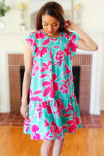 Load image into Gallery viewer, Diva Dreaming Aqua &amp; Fuchsia Floral Print Tiered Ruffle Sleeve Dress
