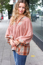 Load image into Gallery viewer, Under Your Spell Rust Plaid Color Block Notch Neck Top
