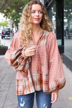 Load image into Gallery viewer, Under Your Spell Rust Plaid Color Block Notch Neck Top
