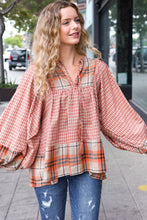 Load image into Gallery viewer, Under Your Spell Rust Plaid Color Block Notch Neck Top
