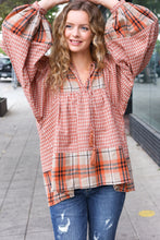 Load image into Gallery viewer, Under Your Spell Rust Plaid Color Block Notch Neck Top
