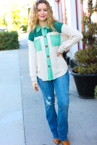 Give Joy Ribbed Colorblock Button Down Shacket in Hunter Green