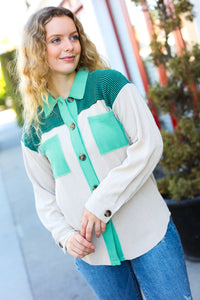 Give Joy Ribbed Colorblock Button Down Shacket in Hunter Green