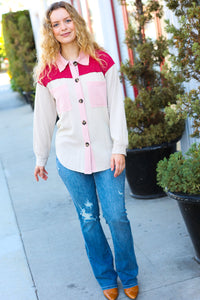 Give Joy Ribbed Colorblock Button Down Shacket in Cranberry
