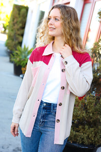 Give Joy Ribbed Colorblock Button Down Shacket in Cranberry