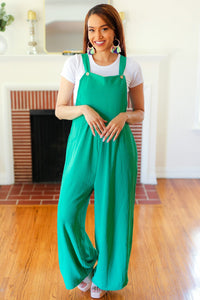 Summer Dreaming Wide Leg Suspender Overall Jumpsuit in Emerald