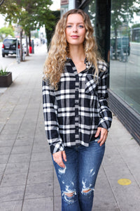 Casual Chic Plaid Button Down Long Sleeve Top in Black