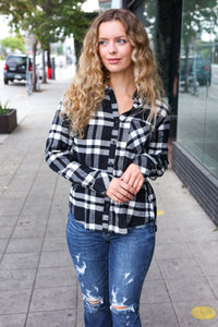 Casual Chic Plaid Button Down Long Sleeve Top in Black