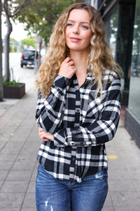 Casual Chic Plaid Button Down Long Sleeve Top in Black