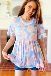 Seize The Day Blue & Pink Babydoll Ruffle Sleeve Top