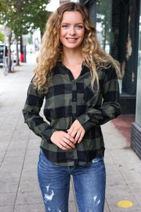 Casual Chic Plaid Button Down Long Sleeve Top in Army Green