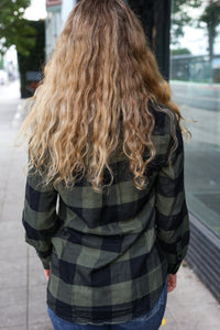 Casual Chic Plaid Button Down Long Sleeve Top in Army Green