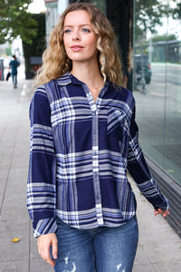 Casual Chic Plaid Button Down Long Sleeve Top in Blue