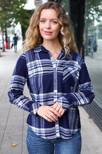 Casual Chic Plaid Button Down Long Sleeve Top in Blue