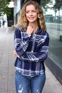 Casual Chic Plaid Button Down Long Sleeve Top in Blue