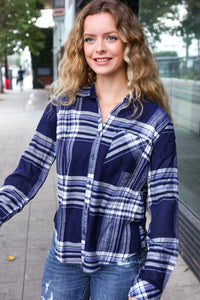 Casual Chic Plaid Button Down Long Sleeve Top in Blue