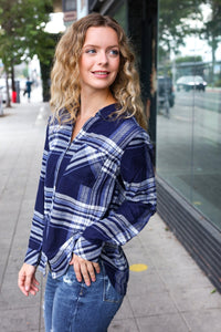 Casual Chic Plaid Button Down Long Sleeve Top in Blue