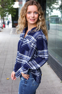 Casual Chic Plaid Button Down Long Sleeve Top in Blue