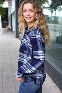 Casual Chic Plaid Button Down Long Sleeve Top in Blue