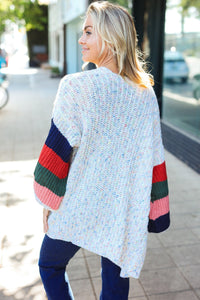 Ivory Multicolor Mixed Thread Bubble Sleeve Cardigan