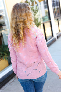 Feeling Fun Pointelle Shoulder Lace Knit Sweater in Pink