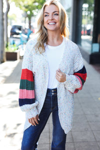 Ivory Multicolor Mixed Thread Bubble Sleeve Cardigan