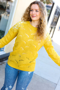Feeling Fun Pointelle Lace Shoulder Knit Sweater in Mustard
