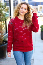 Load image into Gallery viewer, Casual Chic Pointelle Lace Shoulder Knit Sweater in Burgundy
