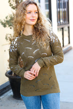 Load image into Gallery viewer, Feeling Fun Pointelle Lace Shoulder Knit Sweater in Olive
