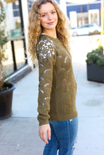 Load image into Gallery viewer, Feeling Fun Pointelle Lace Shoulder Knit Sweater in Olive
