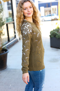 Casual Chic Pointelle Lace Shoulder Knit Sweater in Olive