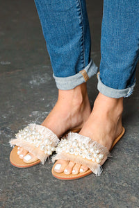 Linen Fray Beaded Faux Pearl Slide Sandal in Blush