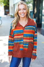 Load image into Gallery viewer, Rust &amp; Teal Striped Two Tone Knit Pocketed Top
