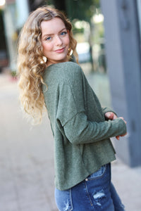 Stay Awhile Ribbed Dolman Cropped Sweater in Olive