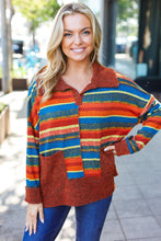 Load image into Gallery viewer, Rust &amp; Teal Striped Two Tone Knit Pocketed Top
